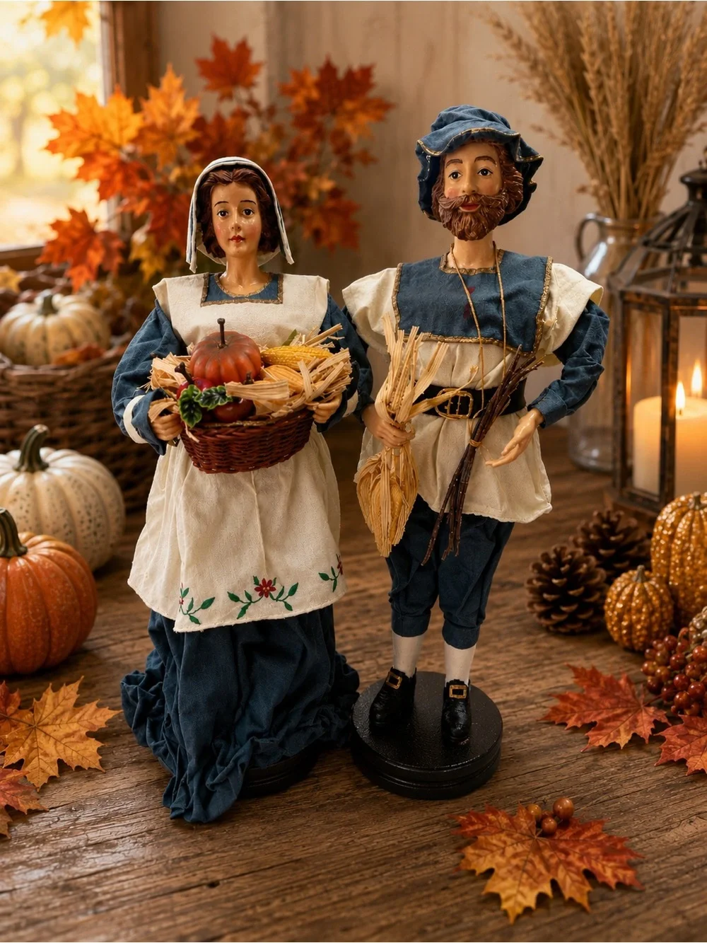 Vintage Silvestri Paper Mache Pilgrim Couple Set of 2 15” Thanksgiving Decor